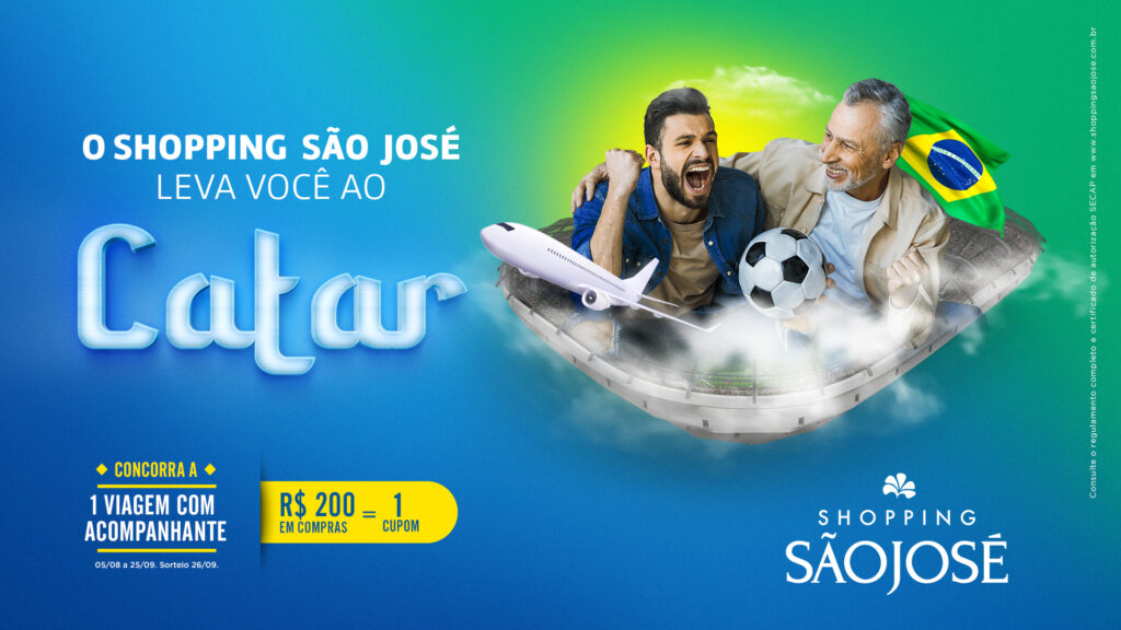 Shopping Sao Jose vai levar um cliente mais acompanhante para assistir o Mundial de Futebol no Catar Shopping da RMC levará um cliente e acompanhante para assistir a Copa no Catar