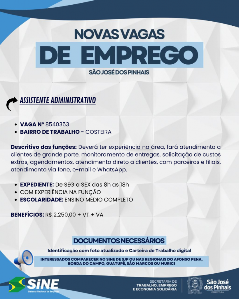 Confira as vagas disponíveis na Agência do Trabalhador de São José dos Pinhais