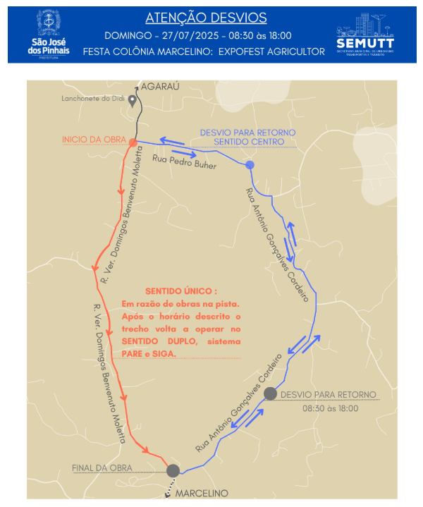 Mapa de alteração de sentido da Rua Vereador Domingos Benvenutto Moletta
