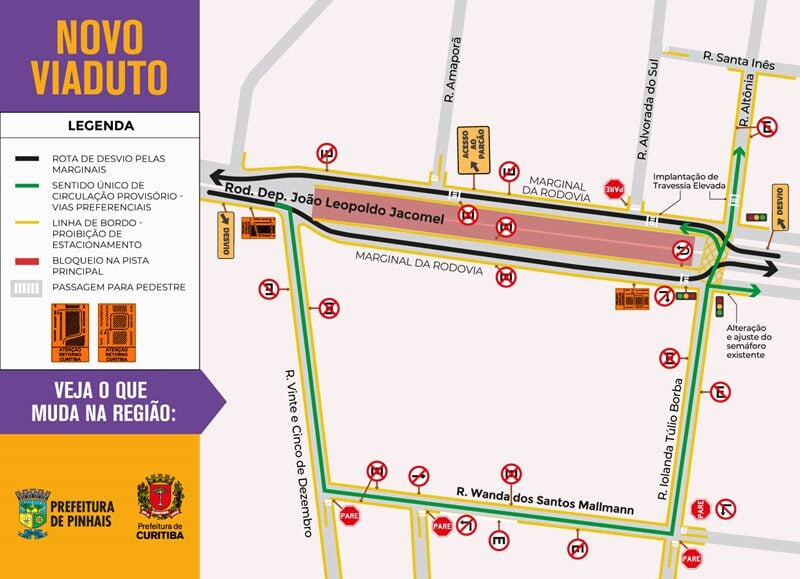 Obras do novo viaduto entre Curitiba e Pinhais alteram trânsito em rodovia de Curitiba; veja qual