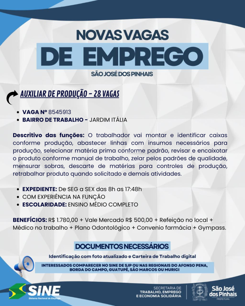 Confira as vagas de emprego disponíveis na Agência do Trabalhador de São José dos Pinhais