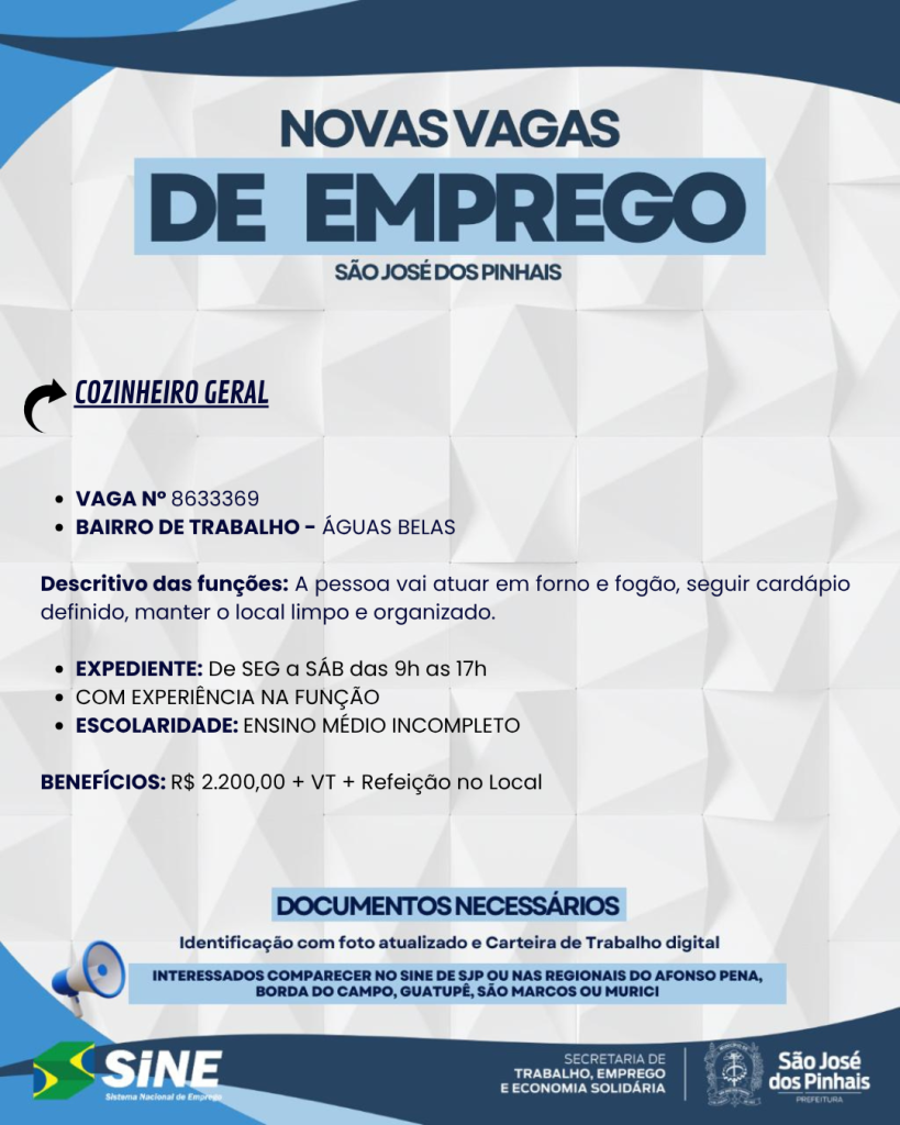 Confira as vagas de emprego disponíveis na Agência do Trabalhador de São José dos Pinhais
