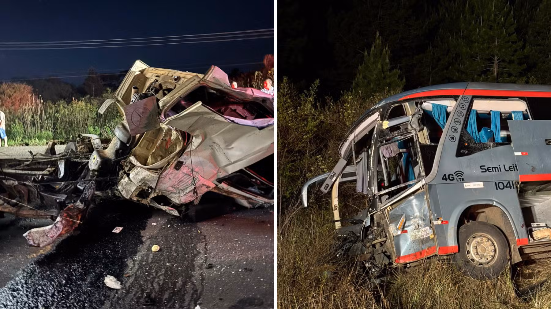 Duas pessoas morrem e 23 ficam feridas em acidente entre ônibus fretado por família e caminhão, no Paraná