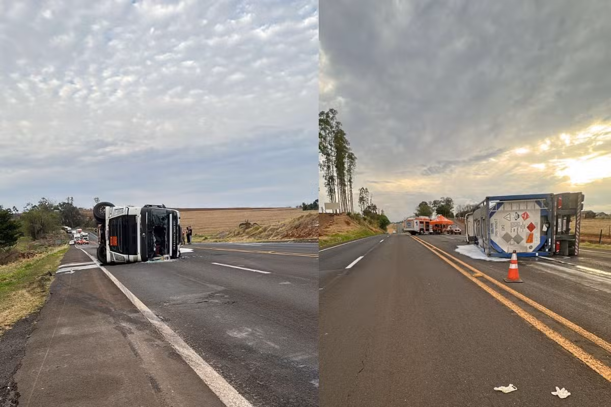 Ligação entre Londrina e Maringá, PR-444 é interditada totalmente por risco de explosão após tombamento de caminhão com ácido inflamável