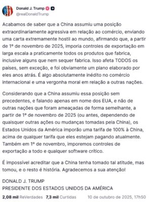 China reage a fala de Trump sobre tarifa de 100% e promete resposta