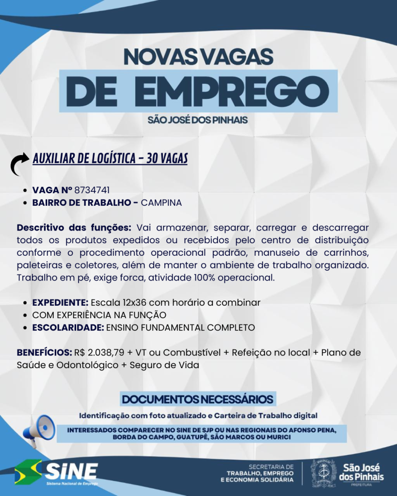Confira as vagas de emprego disponíveis na Agência do Trabalhador de São José dos Pinhais