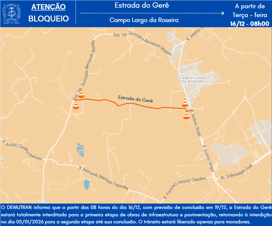 Bloqueios viários alteram trânsito em São José dos Pinhais nesta semana