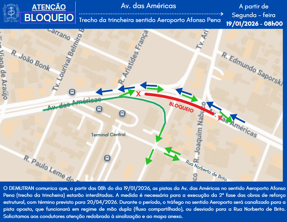 Trecho da Avenida das Américas, sentido Aeroporto Afonso Pena, será interditado para obras a partir de segunda-feira (19)