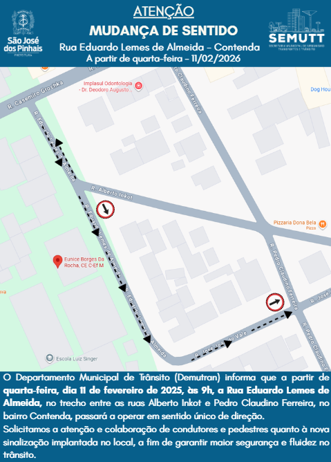 Rua Eduardo Lemes de Almeida, no bairro Contenda, terá mudança de sentido a partir desta quarta-feira (11)