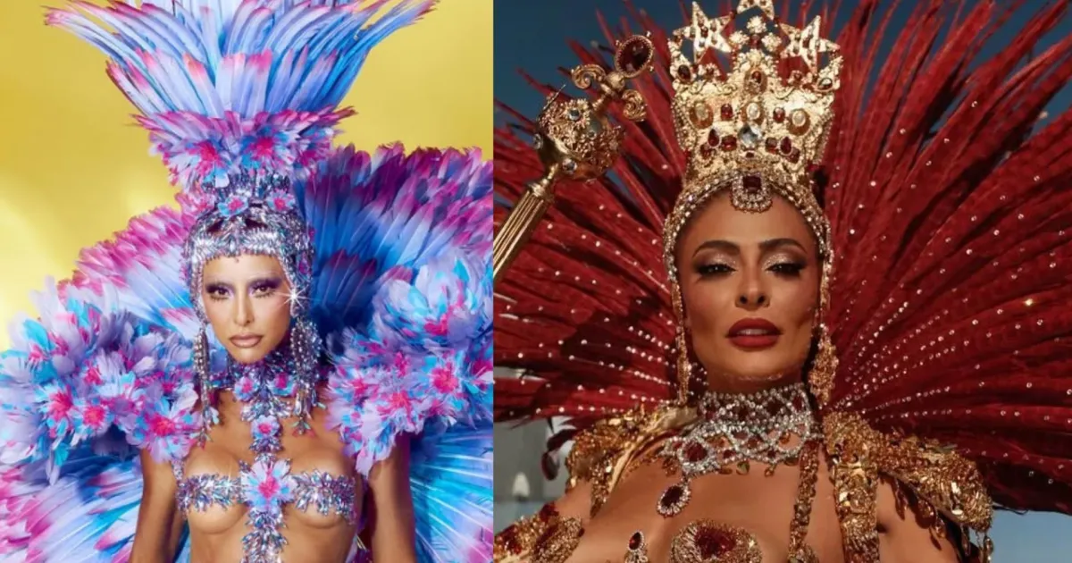 Sabrina Sato dá selinho em Juliana Paes no desfile da Vila Isabel: "Te amo"