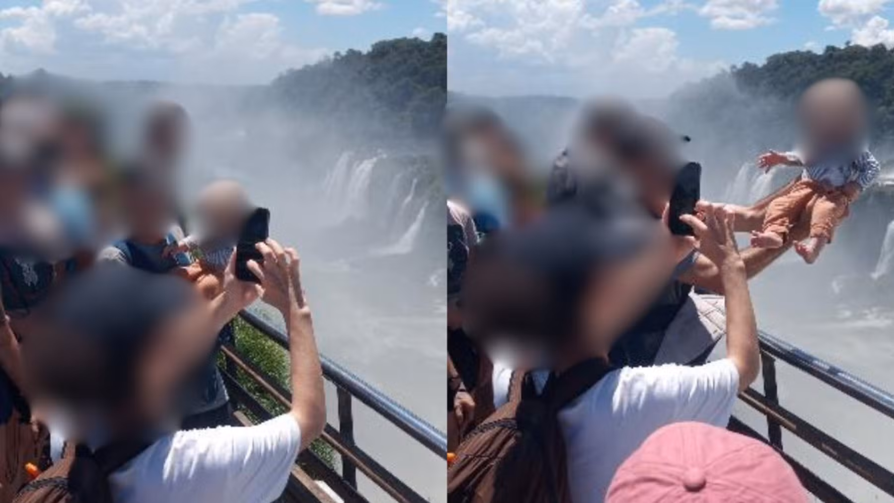 FOTO: homem arrisca a vida de bebê ao segurá-lo por cima das grades das Cataratas do Iguaçu para tirar foto
