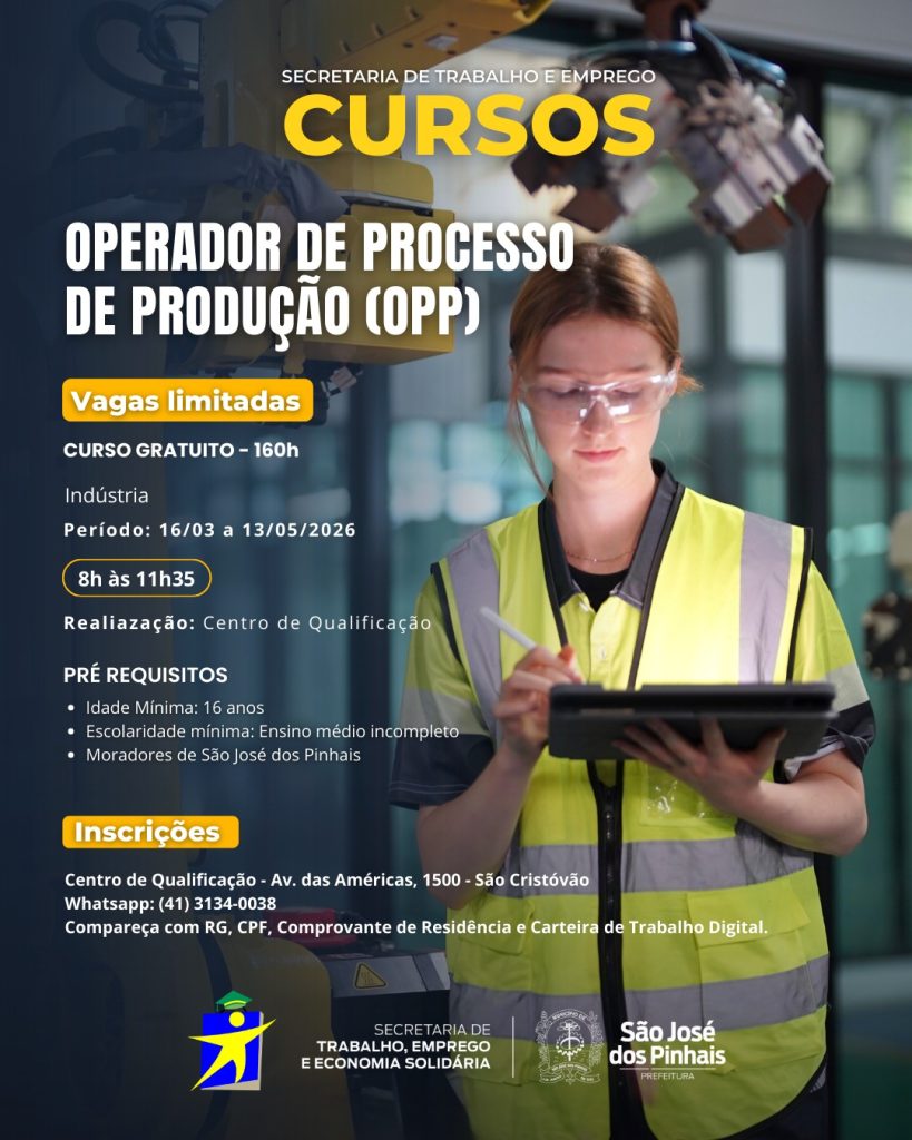 Prefeitura de São José dos Pinhais abre inscrições para cursos gratuitos na área industrial em São José dos Pinhais