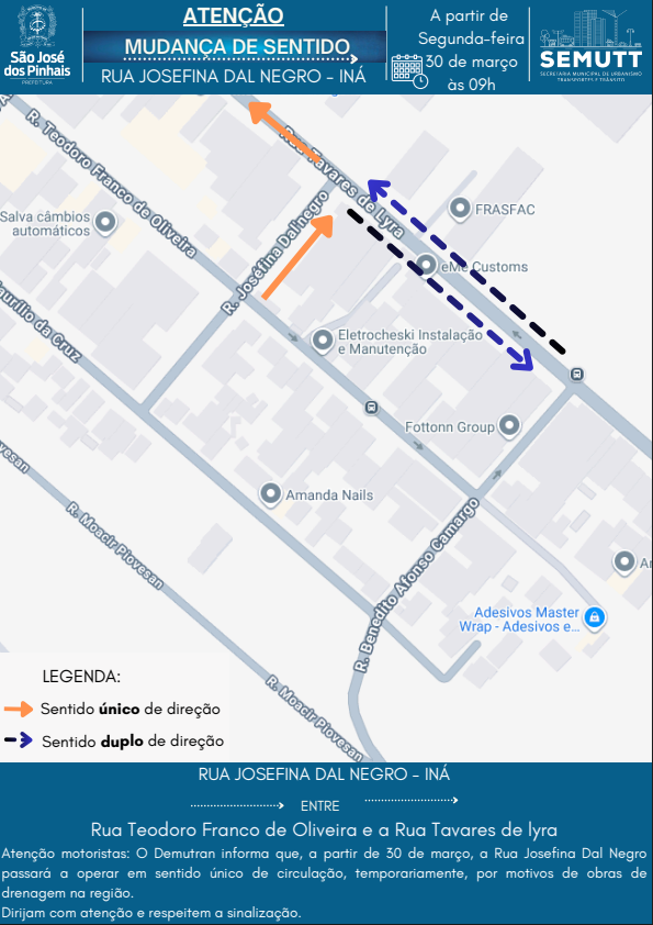 Rua Josefina Dal Negro, no bairro Iná, terá mudança temporária no sentido de circulação