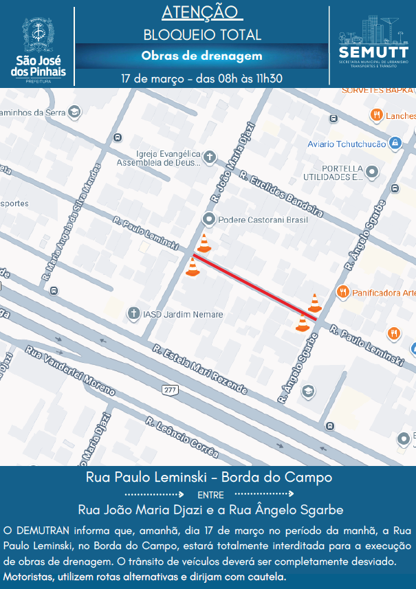 Prefeitura de São José dos Pinhais informa bloqueio de vias no bairro Borda do Campo nesta terça-feira (17)