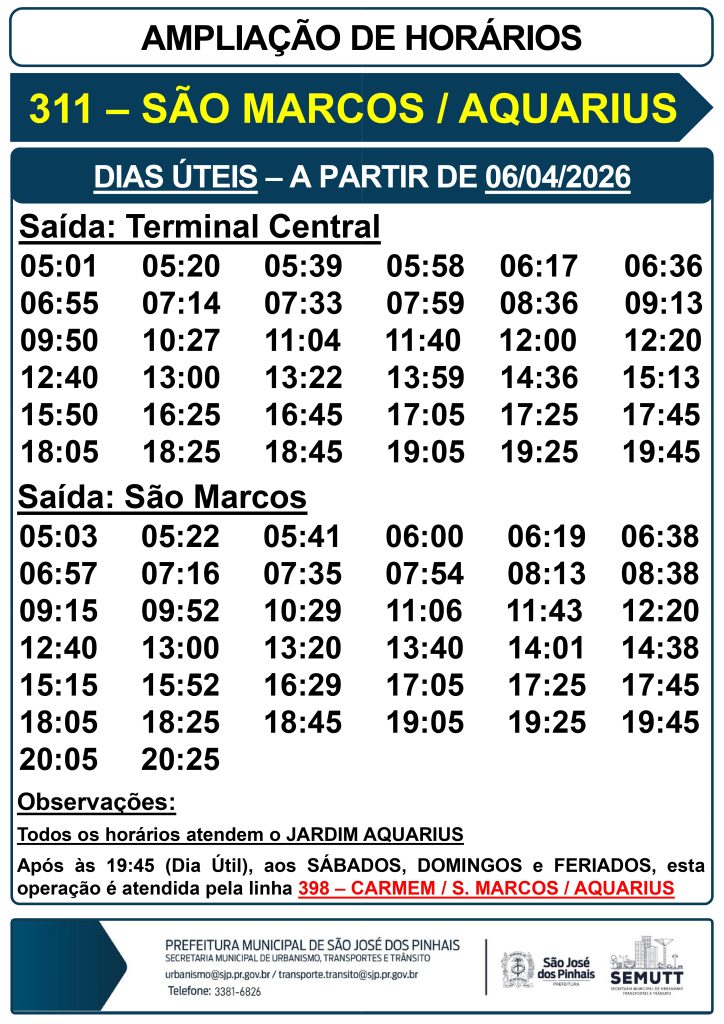 Linha de ônibus São Marcos passa a atender o Jardim Aquarius em todos os horários a partir de 4 de abril