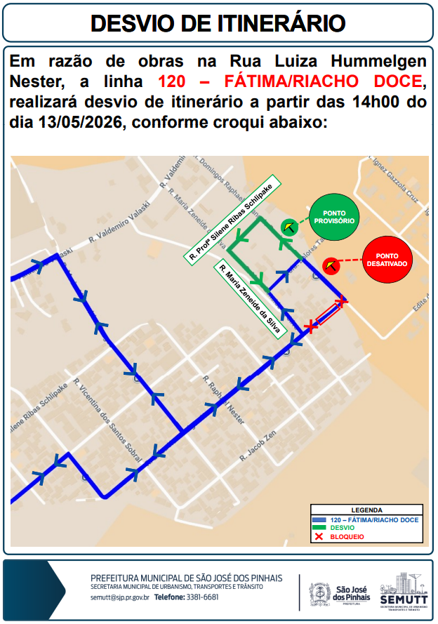 Prefeitura de São José dos Pinhais informa alteração temporário no itinerário da Linha 120-Fátima/Riacho Doce