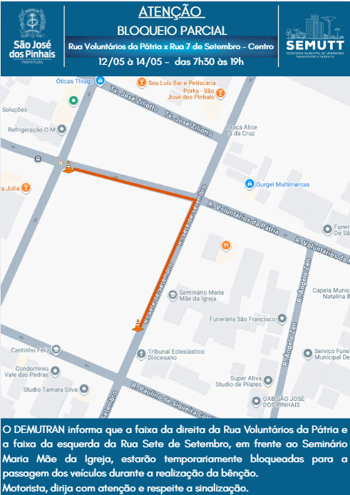 São José dos Pinhais terá bloqueio de vias nesta semana. Confira!