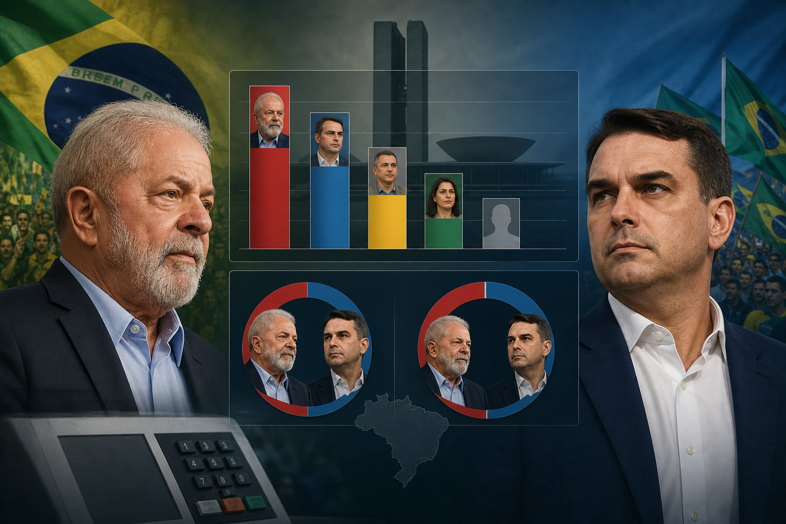 Montagem com Lula e Tarcísio, gráficos de intenção de voto e bandeiras do Brasil ao fundo