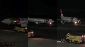 Avião da TAP Air Portugal pousa à noite no Aeroporto Internacional Afonso Pena em Curitiba, primeiro voo direto da Europa para o Paraná